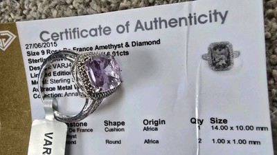 ROSE DE FRANCE''ANNABELLA'' SIZE:9 SILVER AMETHYST/DIAMOND RING 1 OF 200 MADE!