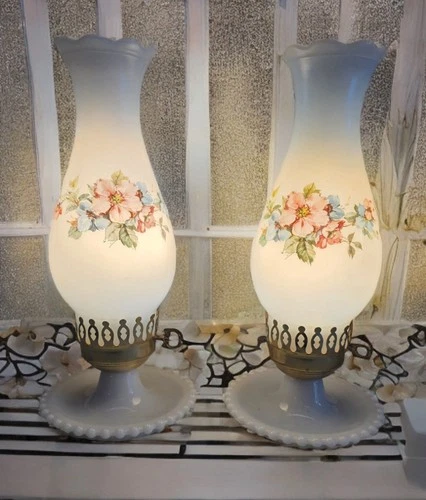 VTG 2 Milk Glass Hurricane Lamps With Floral Design Hobnail  Cottagecore Works