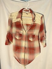 American Rag Women Small Plaid Buttonup Top Crochet Lace Back Roll Tab Red S American Rag Women Small Plaid Buttonup Top Crochet Lace Back Roll Tab Red S