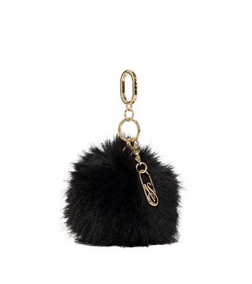 VICTORIA'S SECRET Black Faux Fur Pom Bag Charm Keychain New With Tags