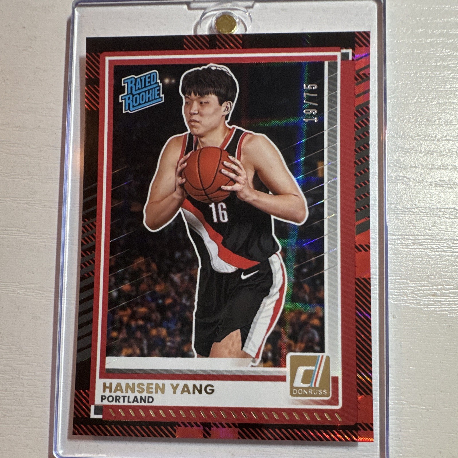 2025-26 Panini Donruss Hansen Yang #10 Rated Rookie Plaid /75 RC 19/75 Blazers