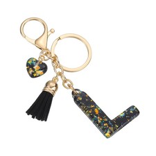 Initial Letter Keychain Cute Letter-L Bling Love Tassel Floral Charm, Black