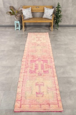 Turkish Vintage Rug, 2,8x11,1 ft Herki Rug, Pink Yellow Oriental Rug