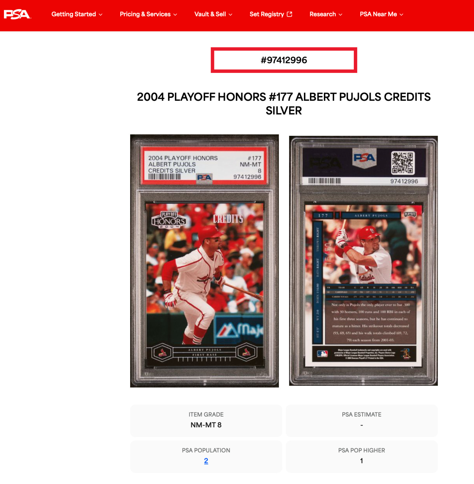 2004 Playoff Honors Albert Pujols Credits SILVER /50 PSA 8 NM-MINT!! 🔥 Pop 2 view 3