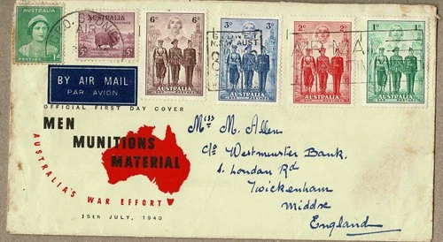 Australia 1940 Uprated to 1/6d Airmail Cover to UK on WWII Munitions AIF FDC