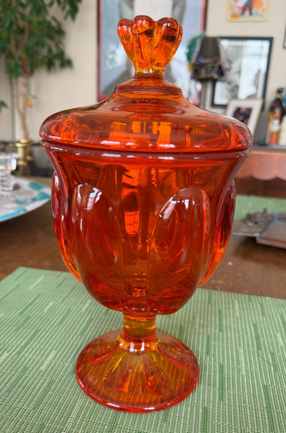Vintage Viking Glass Epic Persimmon Orange Covered Candy Dish C4 10”