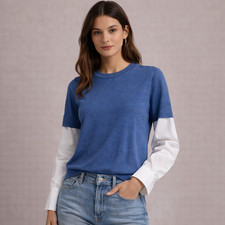 NWT Veronica Beard Roscoe Mixed Media Sweater, Blue, Layered Knit Top, S Chic
