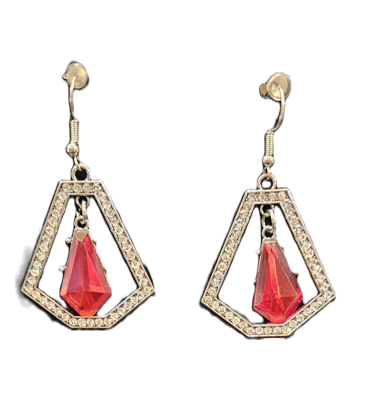 Sim Ruby CZ Accent Dangle Fish Hook Earrings 2.25… - image 1