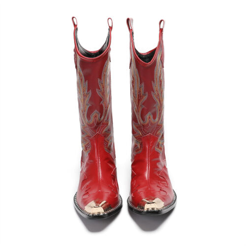 Mens Boots Fashion Western Leather Pointed Toe Metal Tip Cowboy Boots - Picture 5 of 11