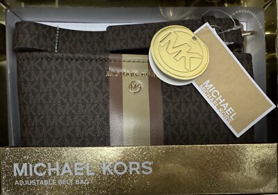 MICHAEL KORS Logo Brown & Gold Fanny Pack Adjustable Belt Bag S/M New Gift Box!