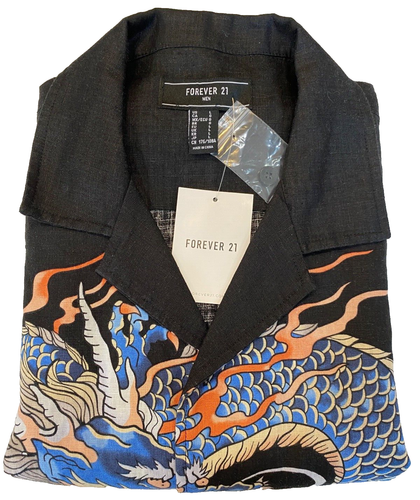 NWT Forever 21 100% Linen Shirt Mens Large Black w DRAGON Short Sleeve - Picture 7 of 8