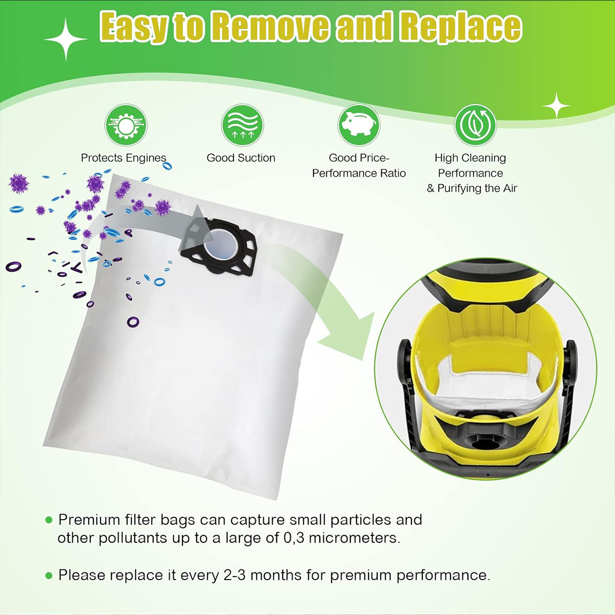 Filter/Bag Fits Karcher Wd4 Wd5 Wd6 Mv4 Mv5 Mv6 Vacuum Cleaner Cloth