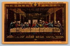 Last Supper Window Forest Lawn Glendale California Unposted Linen Postcard
