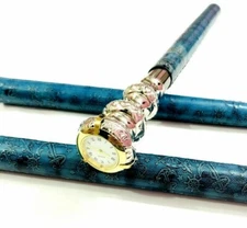 Vintage Antique Compass Steampunk Head Handle Blue Leather Walking Stick