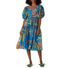 FARM RIO Tropics Tiered Midi Dress In Blue Banana Print Midi Dress Women’s Sz XS