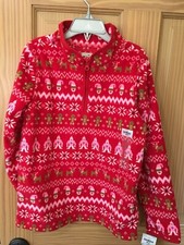 NWT Oshkosh Christmas Fleece Pullover Jacket Girl Red Fair Isle Sz 4t,8,12,14