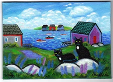 ORIGINAL FOLK ART: Black Cats at the Cove with Rocks and Lupines, DM Laughlin