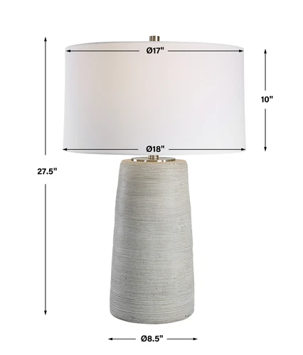 Modern Minimalist Gray Art Pottery Table Lamp 28 in Ceramic Carved Ribbed White - Picture 3 of 9