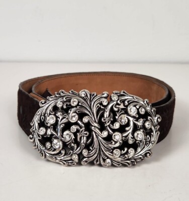 Justin Ladies Brown Suede Embossed Leather Belt Rhinestone 