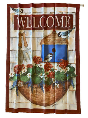 Welcome Birds Flowers Birdhouse Large House Flag Kathy Hatch 27x38''