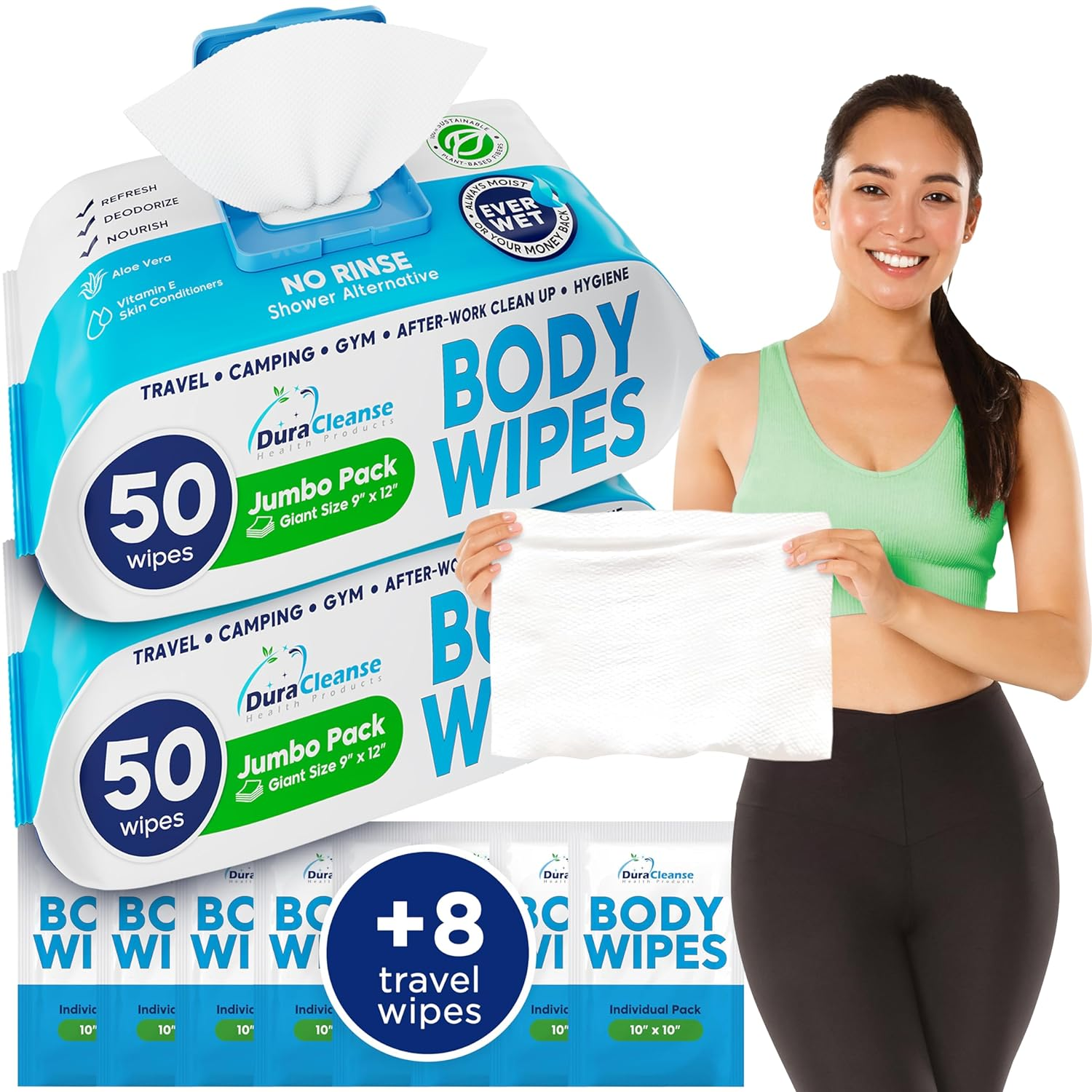 Body Wipes for Adults Bathing No Rinse (2 Pack) 100 XL Shower Wipes + 8 Travel B
