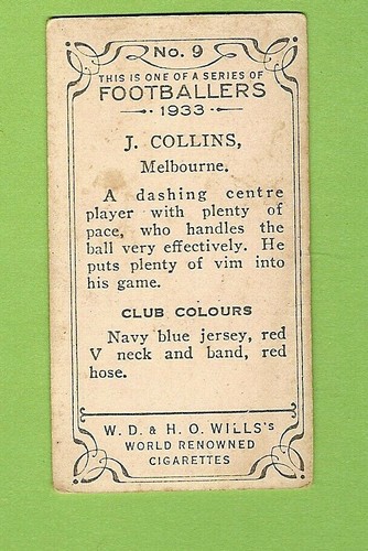 1933 VFL WILLS CIGARETTE CARD #9. J. COLLINS, MELBOURNE - Bild 2 von 2