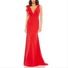 Mac Duggal 49454 Bow Shoulder V-Neck Gown, Red, 8