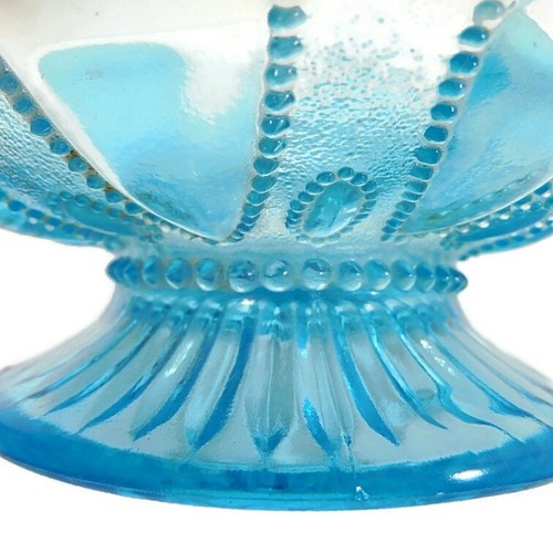 Antique Northwood Roulette Bowl Bead Opalescent Blue Footed Crimped Edge -flawed - Picture 8 of 11