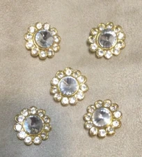 Set of 5 Flower Shaped Gold Tone Metal Rhinestone Shank Buttons