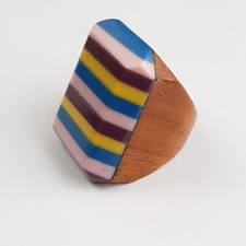 Wooden Ring with Colourful Stripey Large Top UK Size Q Pop Art Chunky Plastic