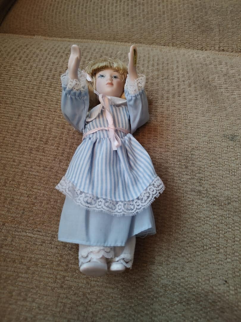 PORCELAIN DOLL GIRL in Sunday dress 7.5" Painted eyes handcrafted