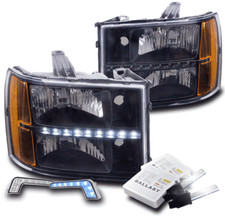 For 07-13 Gmc Sierra 1500 2500 3500 Hd Black Led Headlights Wblue Drl Ledhid