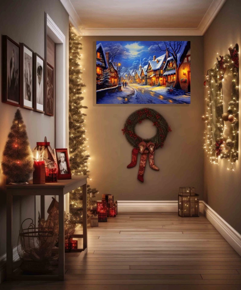 Snowy Christmas Town Canvas Art Prints Oil Painting Reproduction Wall Pictures - Image 2 of 4
