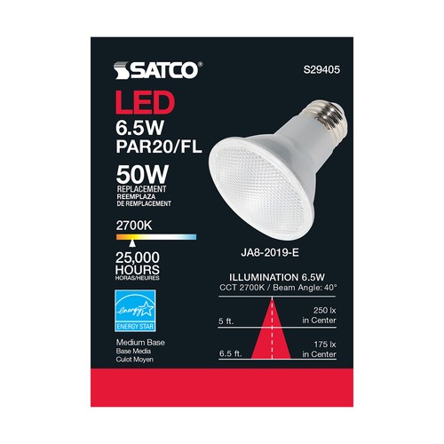 Satco S29405 6.5W =50W PAR20 LED Bulb 120V 40° Medium E26 Base 2700K Warm White - Picture 9 of 11