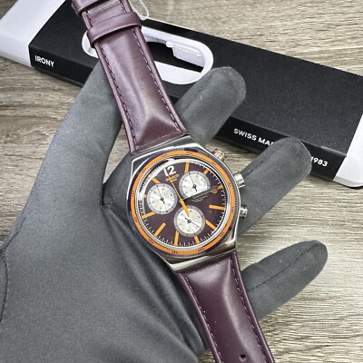NEW✓ Swatch Irony PRISIONER Chronograph Dark Purple Leather Men's