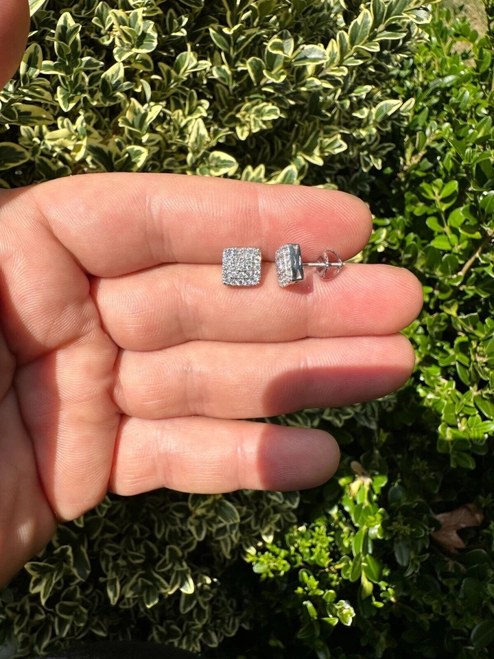 1.32ct VVS Real Diamond Men's Solid 925 Silver Iced Hip Hop Square Earrings 8mm - Image 4 of 4