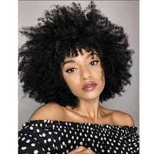 Women Kinky Curly Short Afro Curly Wigs with Bangs Natural Afro Wigs Black Gray