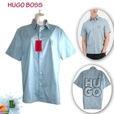 NWT HUGO Hugo Boss Men's L Short Sleeve Logo Button Up Shirt Grey