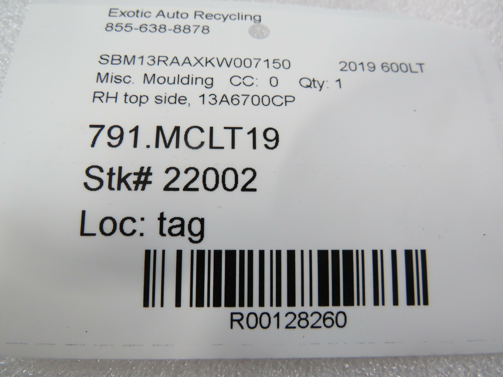McLaren 600LT, RH, Right, Upper Side Moulding, Used, P/N 13A6700CP