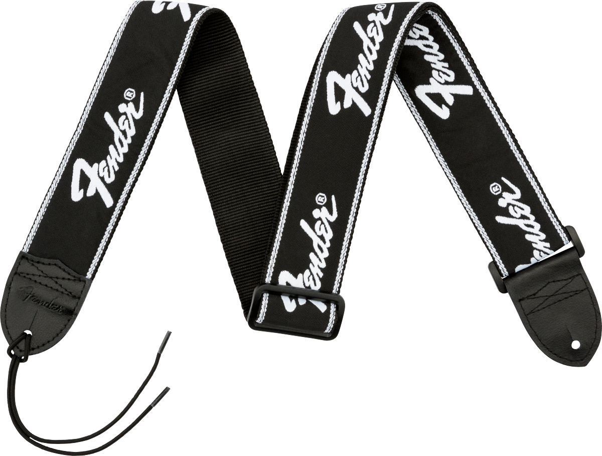 Fender Running Logo Strap, Black/White Logo, 2""