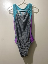 Speedo Girl  s One Piece Thick Strap Grey/Blue/Purple Swimsuit Size 7