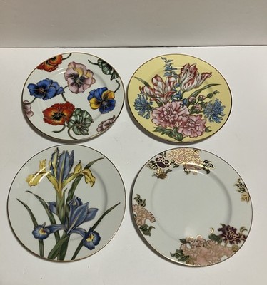 Fitz And Floyd Salad/ Bread Plates (4)  Floral Porcelain Gold Trim 7.5 Inches