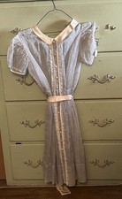 Antique 1930s Girls Sz8-10 Lt Gray Tone  Peach Collared Dress W Polka Dots READ