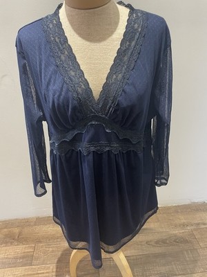 Suzanne Betro Lace Navy Sheer Lacy Babydoll Tunic Long Sleeve 1X Flowy Soft Boho