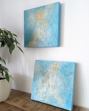 Bilder 2er Set je 30*30*3,5 Abstrakt Modern Unikat Blau Gold Original 