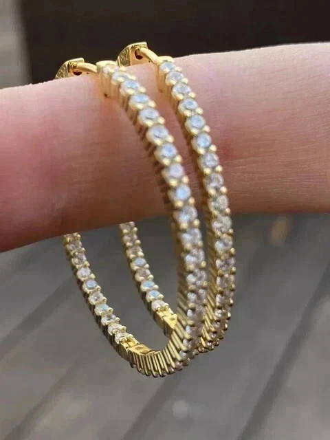 2 Ct Round Real Moissanite Huggie Hoop Earrings 14K Yellow Gold Plated