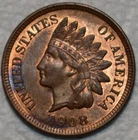 Uncirculated 1908 Indian Head Cent, Highly Lustrous, Red-Brown specimen.