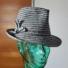 August Accessories 21.5"/6.5 NWT Fedora Hat Woven Black White Grey Boho Braided