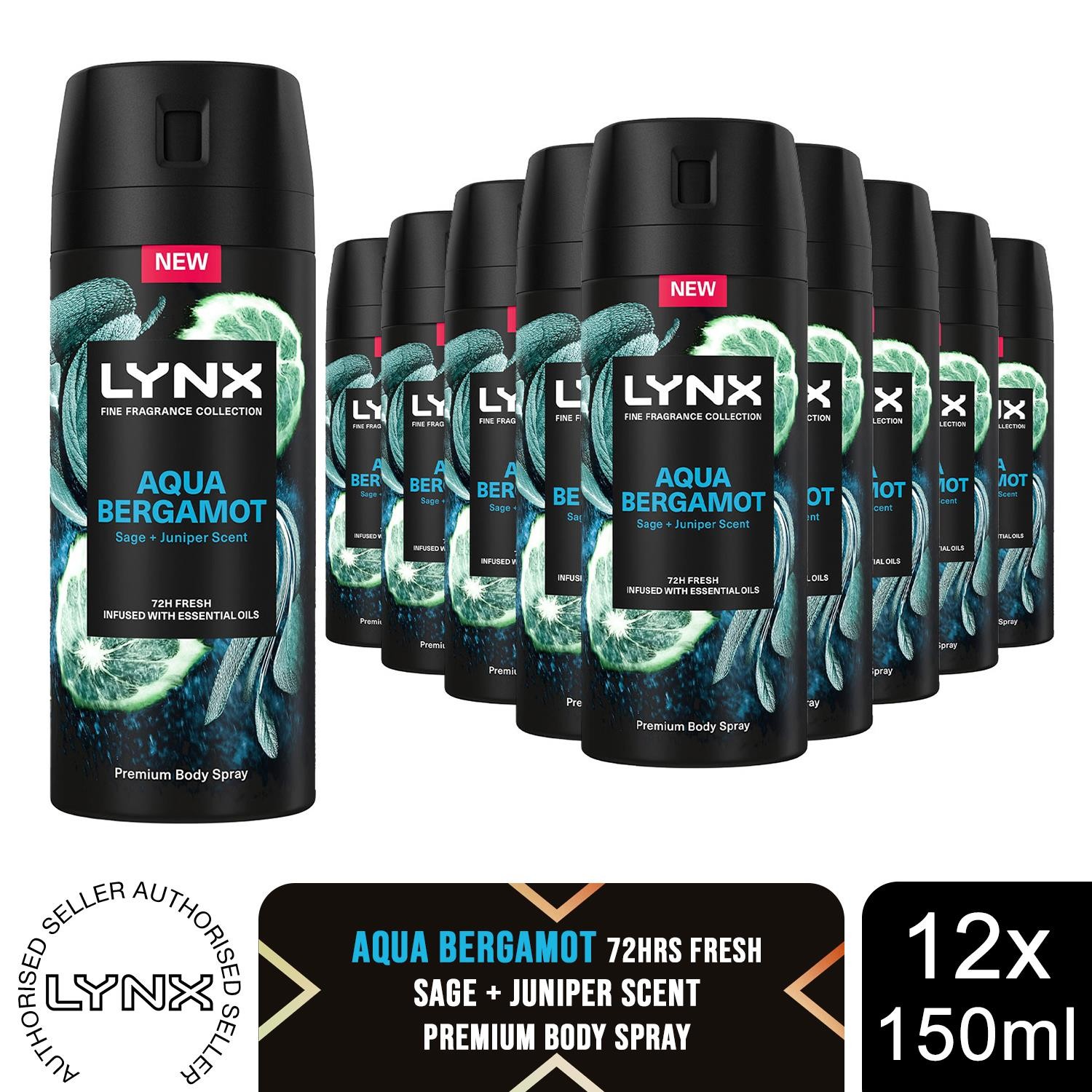Lynx Fine Fragrance Aqua Bergamot Body Spray 150ml 12 Pack Mens Deodorant