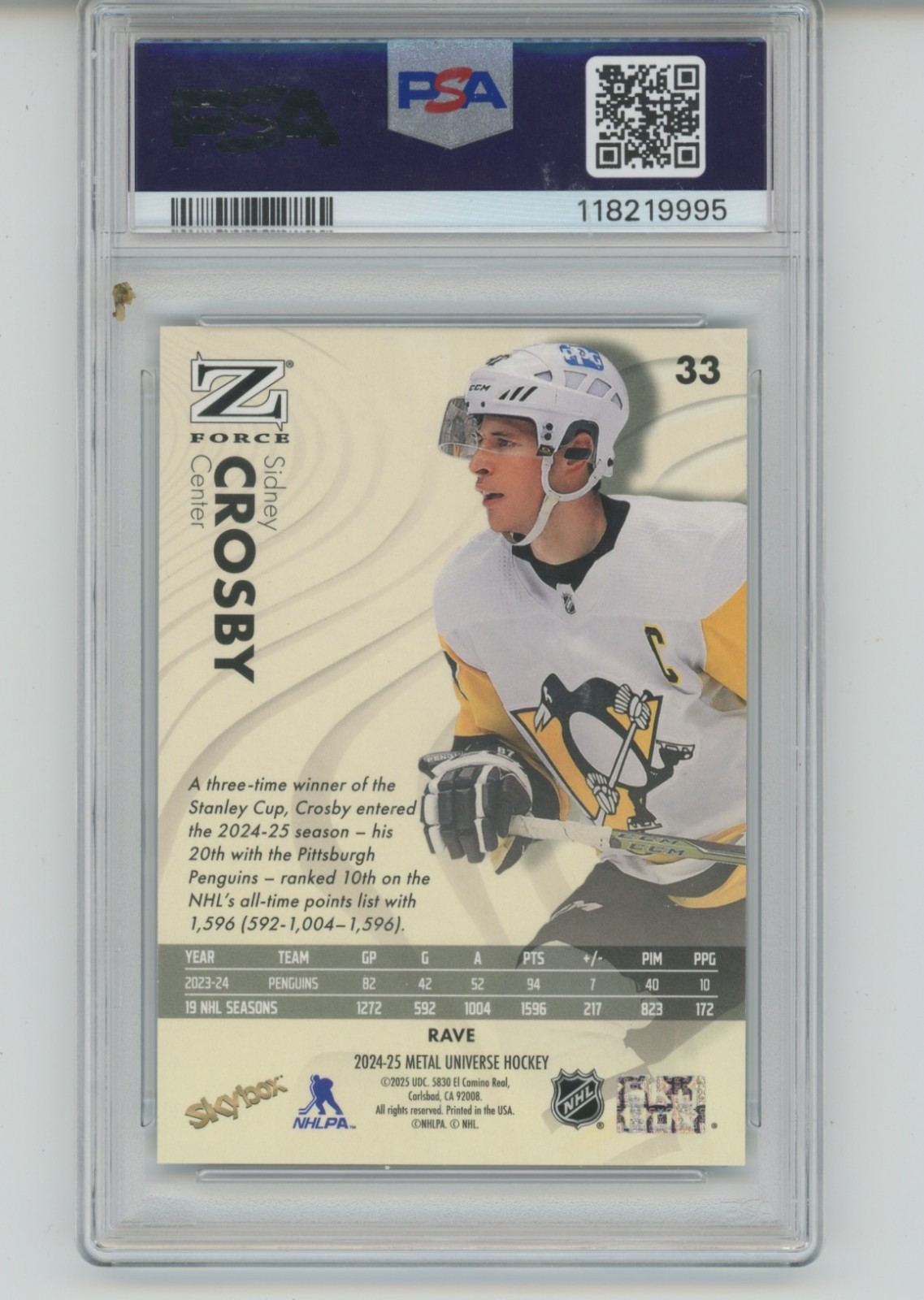 PSA 10 SIDNEY CROSBY 2024 Skybox Metal Universe #33 Z Force RAVE /399 Penguins view 2